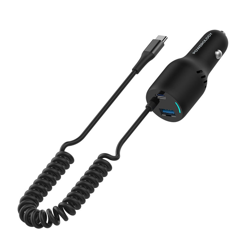Powerology PD45W+QC18W+Type CCable 35W LED Dual Ports Car Charger With Coiled Cable -Black [O]  شاحن ولاعة مع كيبل تايب سي - بوراولجي - منفذ يو اس بي + تايب سي - كفالة 18 شهر