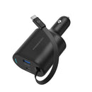 Powerology Type-C Retractable Car Charger 115W - Black [O]- شاحن ولاعة مع كيبل تايب سي مدمج - باورولوجي  - منفذ يو اس بي + تايب سي - قوة 115 واط - كفالة 12 شهر