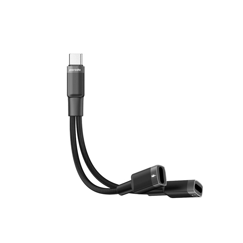 Porodo 2in1 Lightning to 2*Type C Jack Headphone and Charging Converter Adapter - وصلة لشحن الايفون 15/16 والسماعة بنفس الوقت - بورودو - كفالة 24 شهر