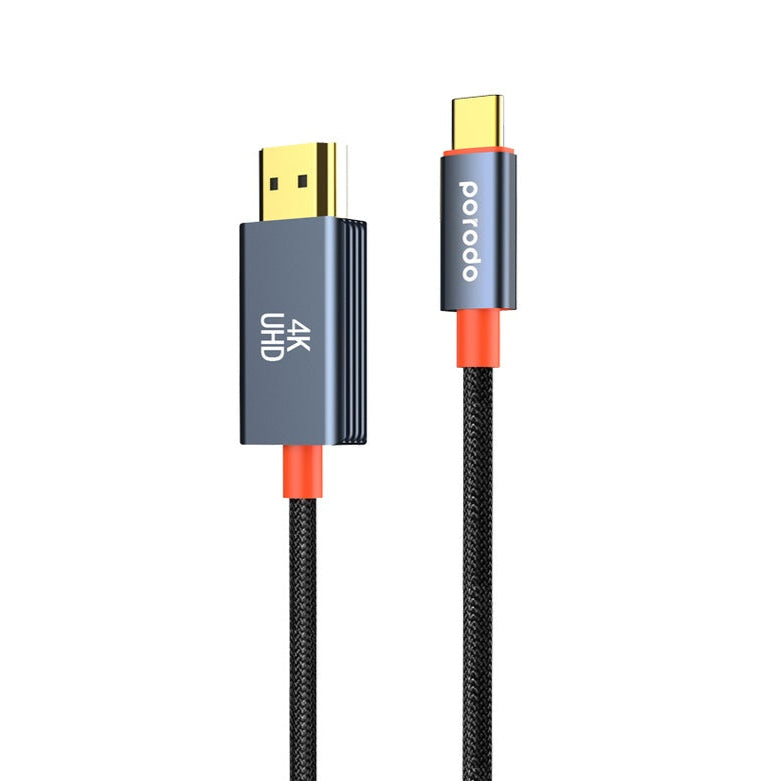 Porodo Woven Cable Type-C to HDMI - Black [O]- وصلة تلفزيون لاجهزة الاندرويد و ايفون 15/16 - تايب سي - من الجهاز الى التلفزيون مباشرة