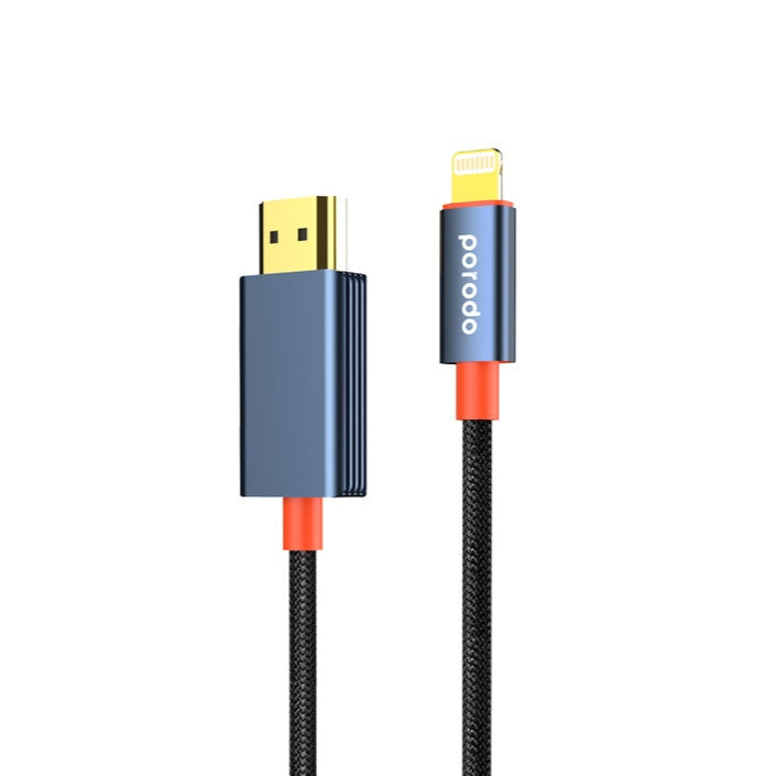 Porodo Woven Cable Lightning to HDMI - Black - وصلة تلفزيون لاجهزة الايفون - من الجهاز الى التلفزيون مباشرة