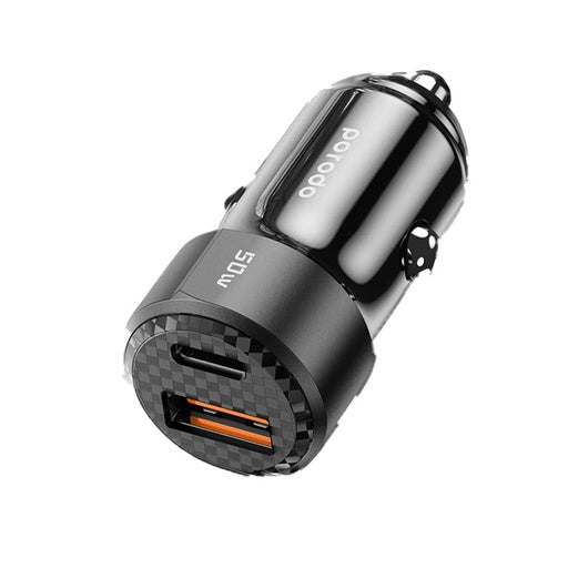 Porodo 50W Dual Port Car Charger PD 20W QC 30W with C to Lightning Cable - Black - شاحن ولاعة مع كيبل تايب سي  ايفون - برودو  - اسود - كفالة 12 شهر