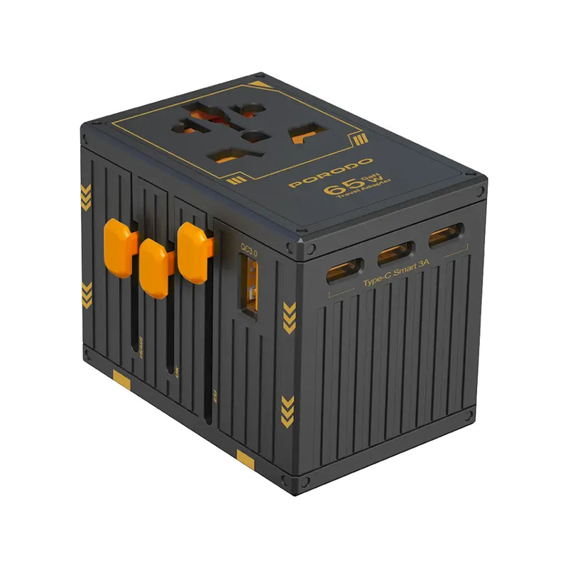 Porodo GaN 5-Port Travel Block Universal Charger - 65w [O] - بلاك حائط شحن دولي - بورودو - 4 منافذ تايب سي - 1 منفذ يو اس بي - 1 منفذ كهرباء - قوة 65 واط - كفالة 24 شهر