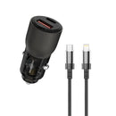 Porodo 95W Car Charger Transparent With 0.9M Lightning Cable - Black -شاحن ولاعه للسيارة + سلك شحن 2 في 1 - ايفون + تايب سي - برودو  - اسود - كفالة 24 شهر