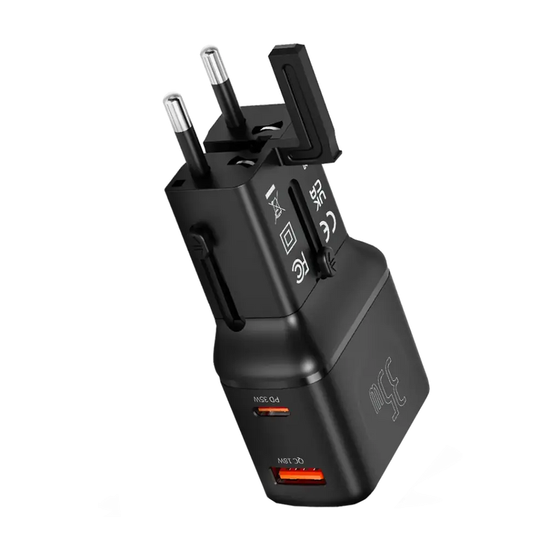 Porodo Universal Travel Pocket Charger - Black  - شاحن حائط دولي - منفذين للشحن الذكي والسريع - قوة 35 واط - كفالة 24 شهر