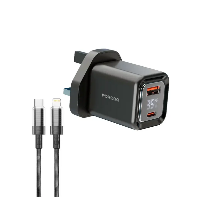 Porodo Dual-Port | Digital Display Quick Charger with Cable 35W - بلاك شاحن حائط + سلك شحن ايفون - فتحتين للشحن35 واط - بورودو - كفالة 24 شهر