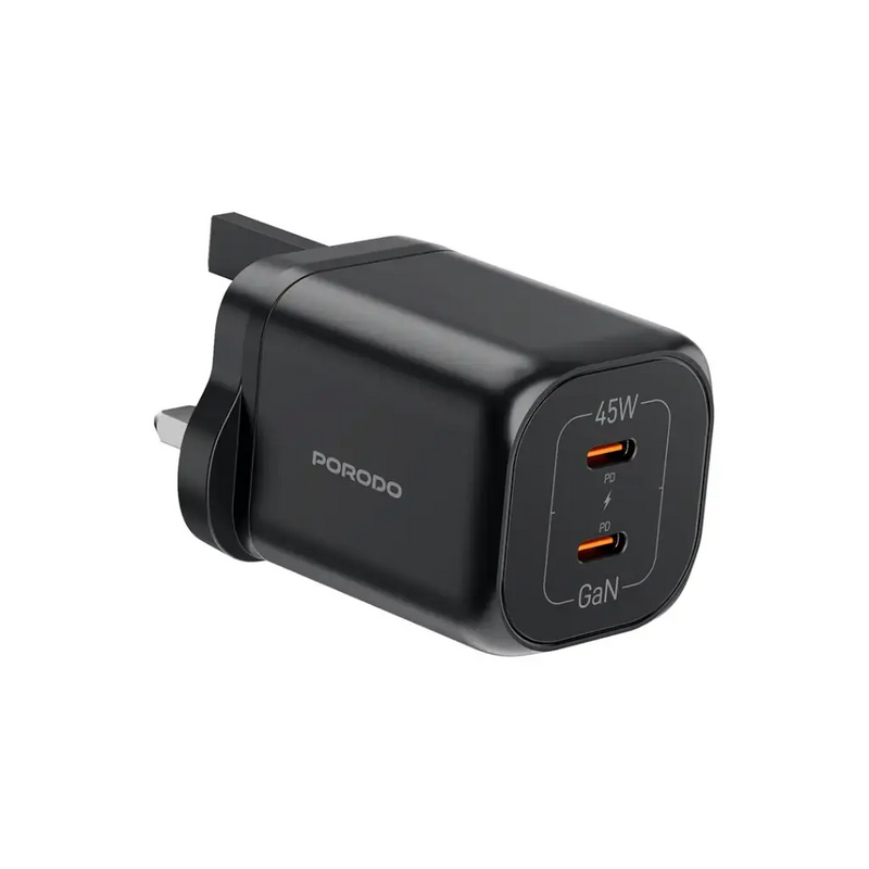 Porodo GaN 45W Dual USB-C Wall Charger with Power Display - Black - بلاك شاحن حائط - فتحتين للشحن 45 واط - بورودو - كفالة 24 شهر