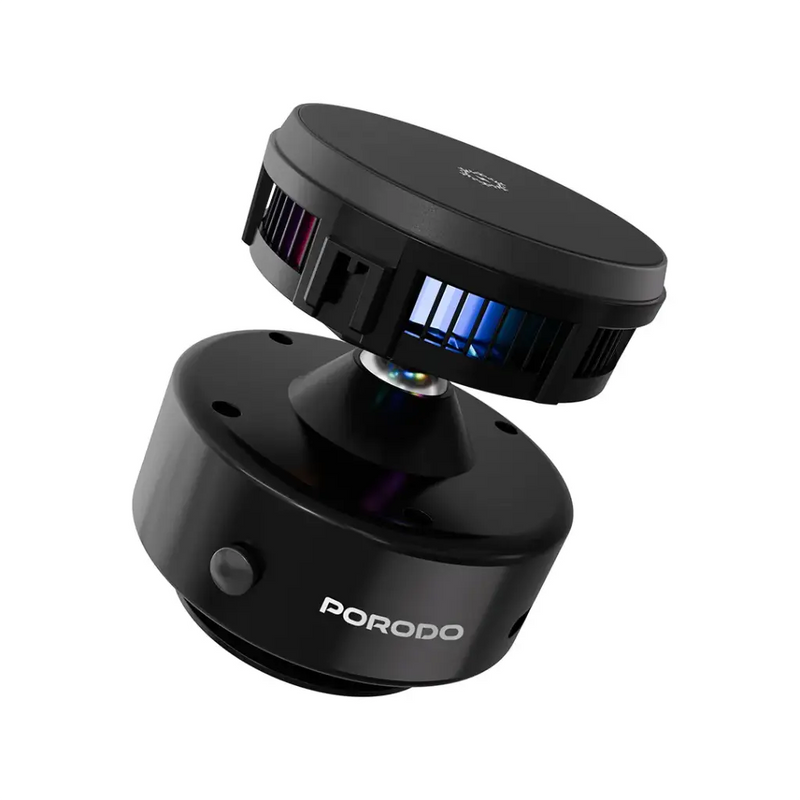 Porodo Vacuseal MagSafe Charging & Cooling - Black [O] - ستاند سيارة مناسب لجميع انواع الاجهزة - قاعدة شفط مع شحن + شحن لاسلكي قوة 15 واط + قاعدة تبريد للهاتف + إضاءة  - بورودو