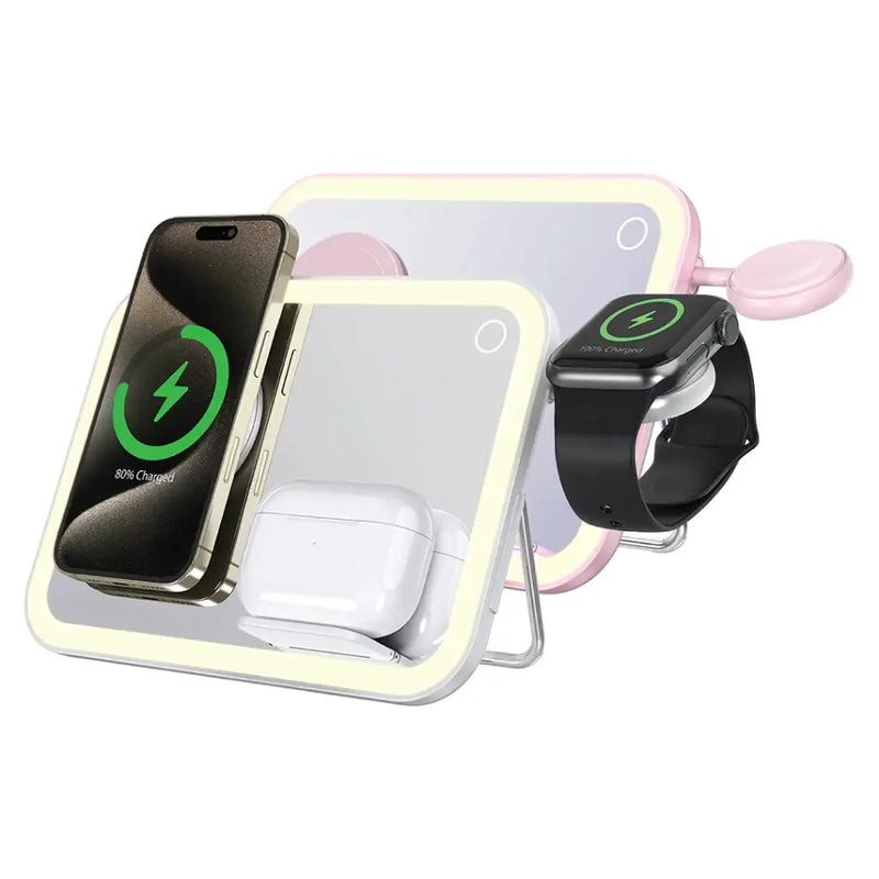 Porodo 3-in-1 MagSafe Charging Station with Mirror Light - Pink - مرايا مكتبية مع اضاءة للميك اب - مع شحن لاسلكي ماغ سيف + شاحن ساعة + شاحن ايربودز - بورودو - كفالة 24 شهر