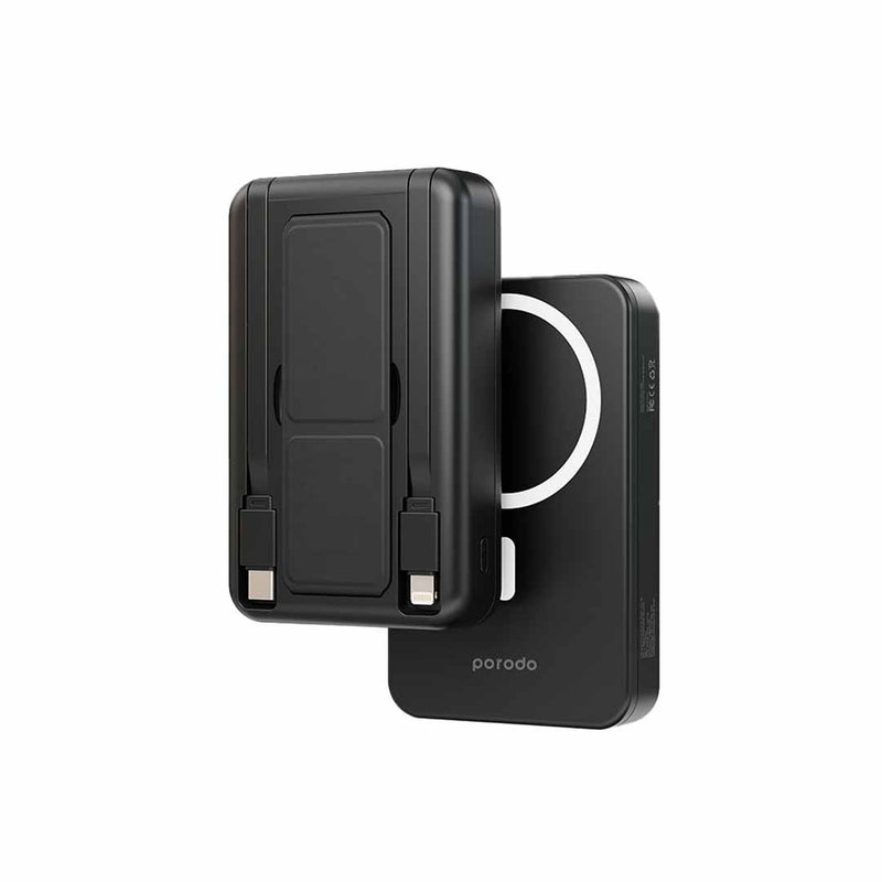 Porodo 10000 mAh Magsafe Powerbank Attach with Type C and Lightning Cable - بطاريه متنقلة - سعة 10 ألاف - برودو + شحن ماغ سيف قوة 15 واط  - ستاند + سلك شحن  تايب سي + سلك شحن  ايفون - شاشة رقمية - كفالة 24 شهر