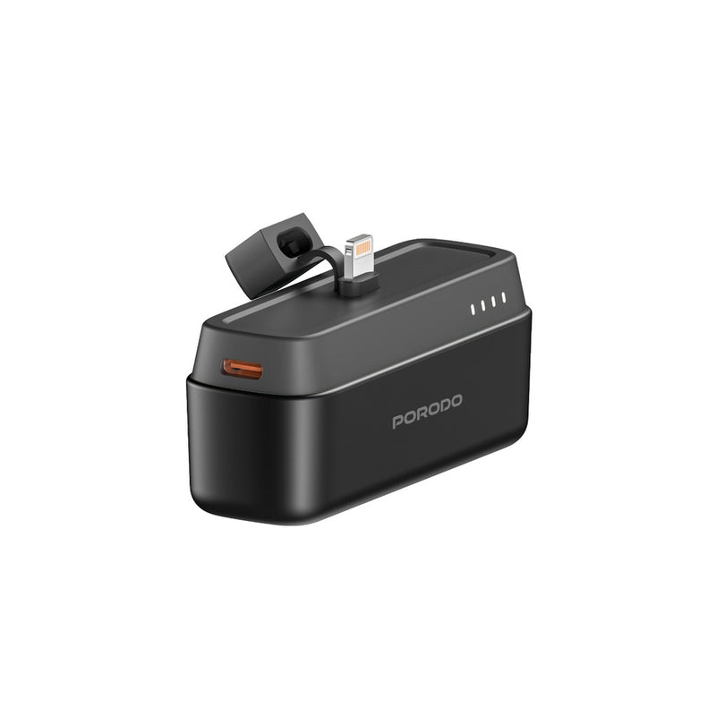 Porodo 5000mAh Power Bank with Lightning Connector - Black - بطارية متنقلة + ستاند - مع شاحن ايفون - كفالة 24 شهر