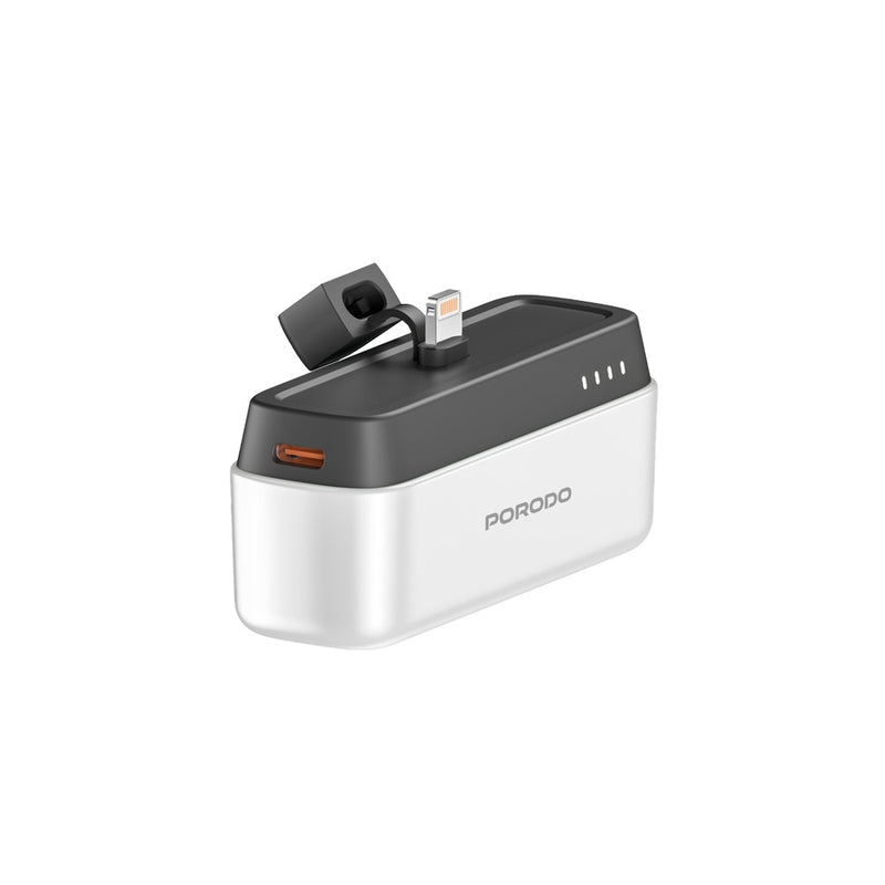 Porodo 5000mAh Power Bank with Lightning Connector - White [O] - بطارية متنقلة + ستاند - مع شاحن ايفون - كفالة 24 شهر