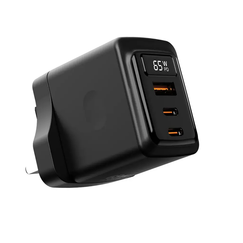 Porodo GaN 65W Multi-Port Wall Charger - Black - بلاك شاحن حائط - فتحتين تايب سي - فتحة يو اس بي - قوة 65 واط - بورودو - كفالة 24 شهر