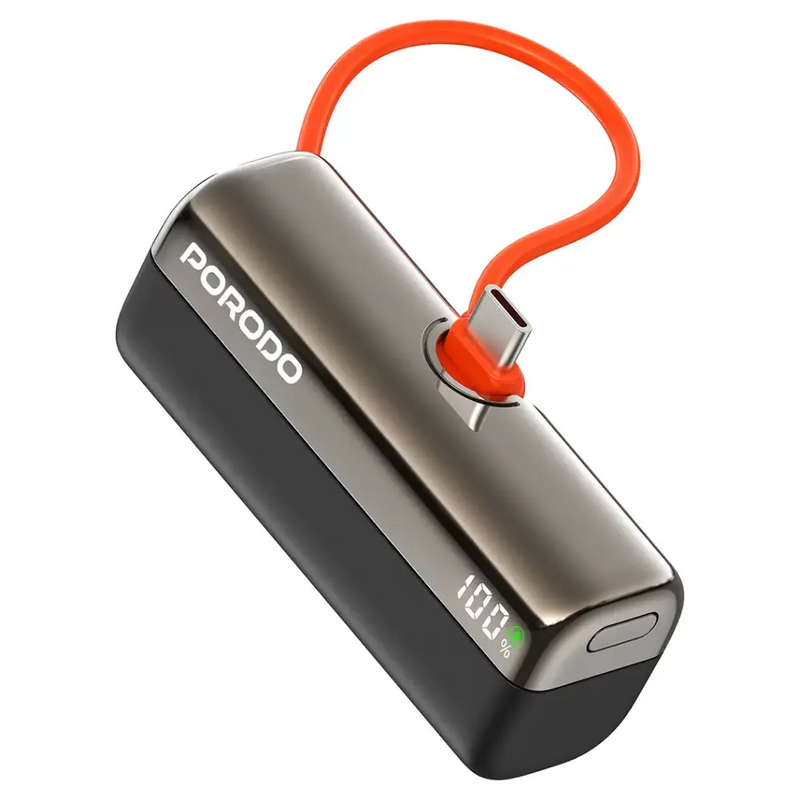 Porodo Pocket Volt 5000mAh Power Bank - Black - بطارية متنقلة - مع شاحن تايب سي - سعة 5 ألاف مللي امبير + شاشة رقميه - لأجهزة الاندرويد والايفون 15 والايفون 16 والايفون 17 - كفالة 24 شهر