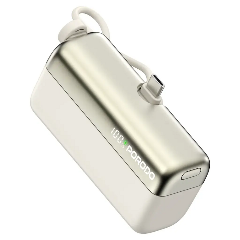 Porodo Pocket Volt 10000mAh Power Bank - White - بطارية متنقلة - مع شاحن تايب سي + شاحن ايفون - سعة 10 ألاف مللي امبير + شاشة رقميه - لأجهزة الاندرويد والايفون - كفالة 24 شهر
