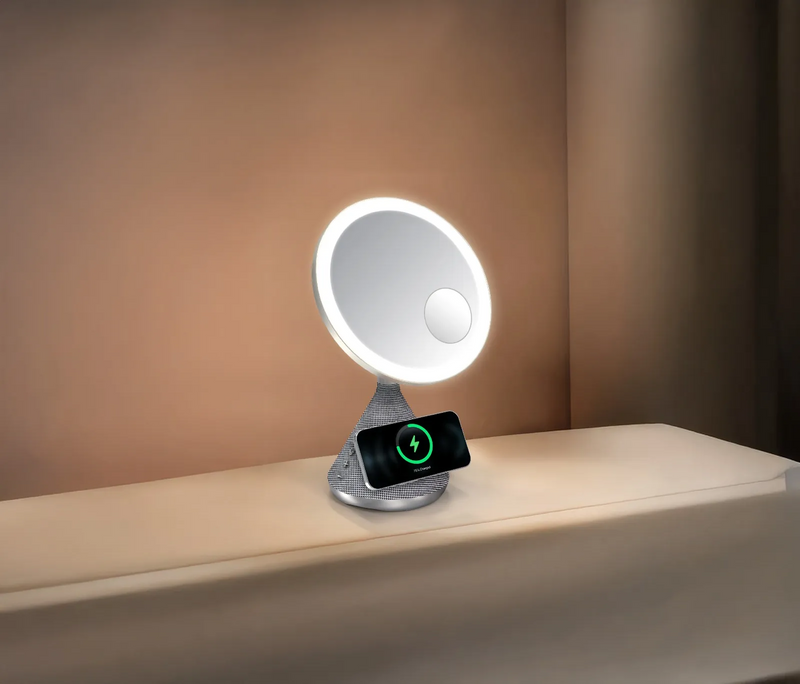 Porodo Lifestyle 15W Zoomed Mirror Magnetic Wireless Charger with Speaker & Adjusta Gold - مرايا مع اضاءة للمكياج - مع مكبر صوت - بورودو - كفالة 24 شهر