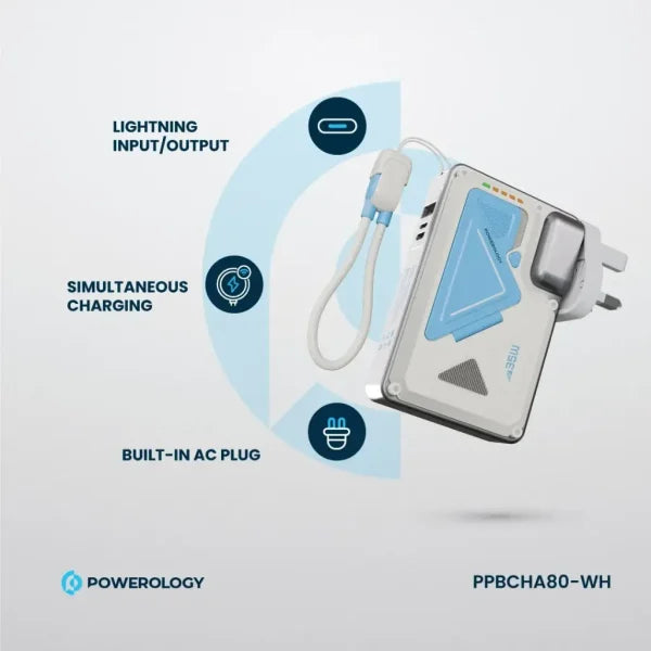 Powerology 10000mAh Wall Charger Magsafe 15W Power Bank 35W with C-C cable White - شاحن حائط دولي -  2 في 1 - باور بانك سعة 10000 + سلك شحن تايب سي - شاشه رقمية - كفالة 24 شهر
