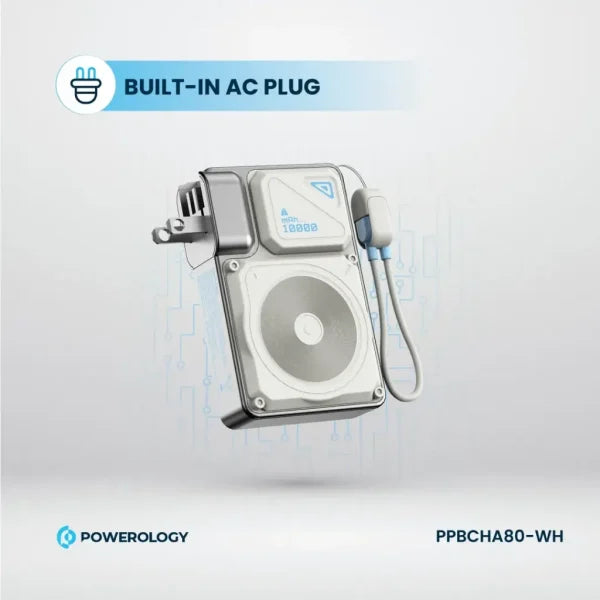 Powerology 10000mAh Wall Charger Magsafe 15W Power Bank 35W with C-C cable White - شاحن حائط دولي -  2 في 1 - باور بانك سعة 10000 + سلك شحن تايب سي - شاشه رقمية - كفالة 24 شهر