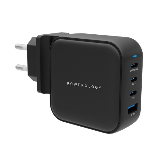 Powerology 100W Triple PD + 1 QC3.0 World Travel Kit - بلاك حائط شحن دولي - 4 فتحات للشحن - 3 فتحات تايب سي +1 فتحة يو اس بي - قوة 100 واط - كفالة 24 شهر