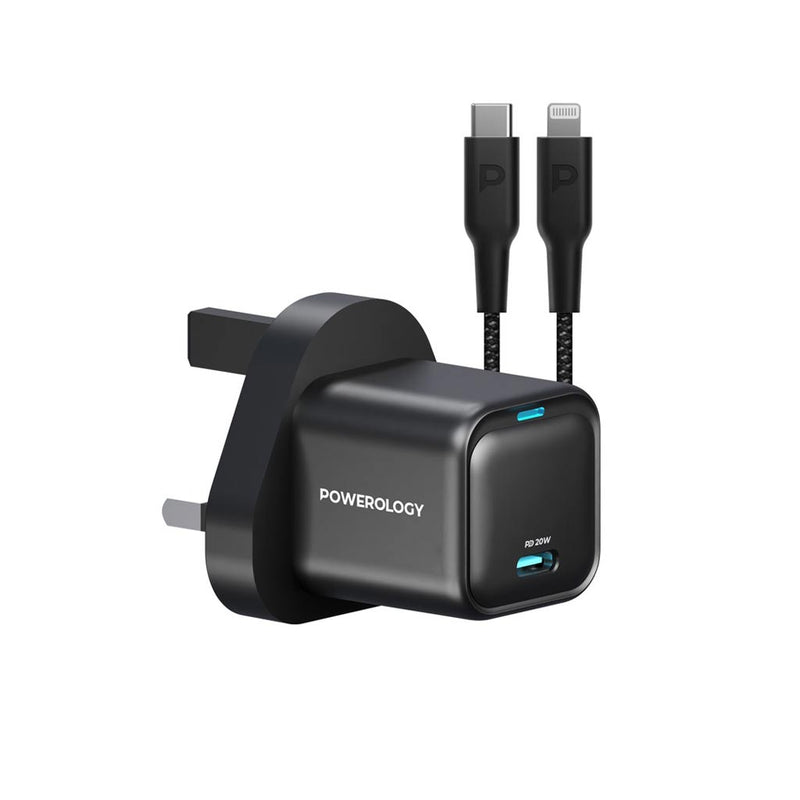 Powerology 20W Single C Port PD Charger UK with Type C to Lightining MFI 27W cable - Black - شاحن حائط تايب سي - باورولوجي - سلك شحن ايفون - قوة 20 واط - كفالة 24 شهر