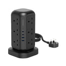 Powerology 12 AC Sockets GaN Tower Hub - Black - ستاند موزع شحن - 12 منفذ كهرباء + 2 منفذين تايب سي - قوة 20 واط - 2 منفذين يو اس بي اي - شاحن لاسلكي قوة 15 واط - كفاله 24 شهر