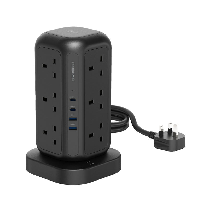 Powerology 12 AC Sockets GaN Tower Hub - Black - ستاند موزع شحن - 12 منفذ كهرباء + 2 منفذين تايب سي - قوة 20 واط - 2 منفذين يو اس بي اي - شاحن لاسلكي قوة 15 واط - كفاله 24 شهر