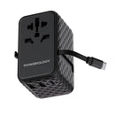 Powerology GaN 20W PD Universal Adapter Retractable Type-C Cable - Black - بلاك حائط شحن دولي - 3 فتحات للشحن - 1 فتحات تايب سي + 2 فتحة يو اس بي - قوة 20 واط  مع كيبل تايب سي - كفالة 24 شهر