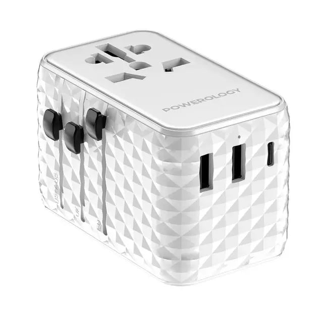 Powerology GaN 20W PD Universal Adapter Retractable Type-C Cable - White - بلاك حائط شحن دولي - 3 فتحات للشحن - 1 فتحات تايب سي + 2 فتحة يو اس بي - قوة 20 واط  مع كيبل تايب سي - كفالة 24 شهر