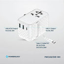Powerology GaN 20W PD Universal Adapter Retractable Type-C Cable - White - بلاك حائط شحن دولي - 3 فتحات للشحن - 1 فتحات تايب سي + 2 فتحة يو اس بي - قوة 20 واط  مع كيبل تايب سي - كفالة 24 شهر