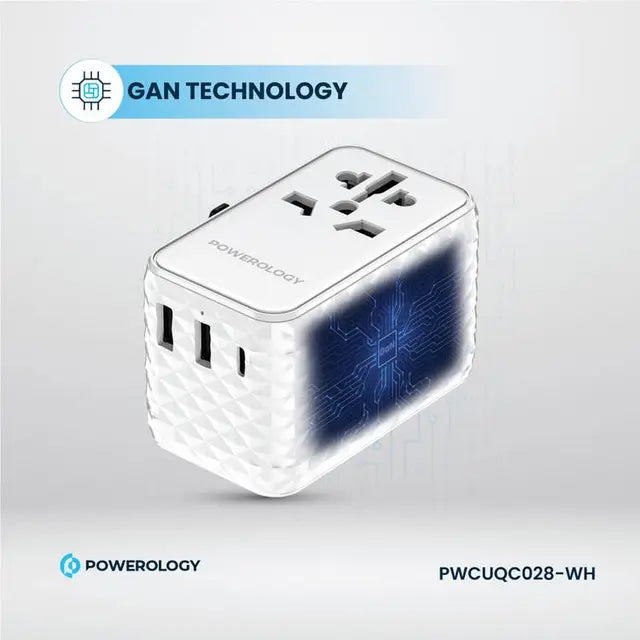 Powerology GaN 20W PD Universal Adapter Retractable Type-C Cable - White - بلاك حائط شحن دولي - 3 فتحات للشحن - 1 فتحات تايب سي + 2 فتحة يو اس بي - قوة 20 واط  مع كيبل تايب سي - كفالة 24 شهر