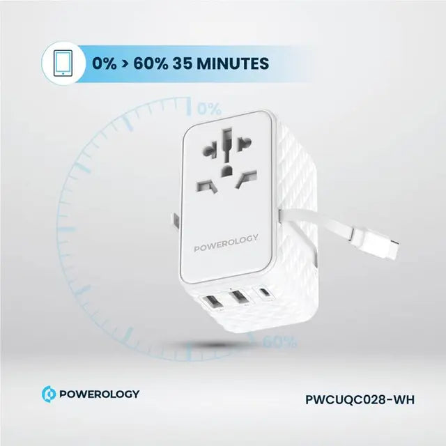 Powerology GaN 20W PD Universal Adapter Retractable Type-C Cable - White - بلاك حائط شحن دولي - 3 فتحات للشحن - 1 فتحات تايب سي + 2 فتحة يو اس بي - قوة 20 واط  مع كيبل تايب سي - كفالة 24 شهر