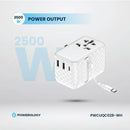 Powerology GaN 20W PD Universal Adapter Retractable Type-C Cable - White - بلاك حائط شحن دولي - 3 فتحات للشحن - 1 فتحات تايب سي + 2 فتحة يو اس بي - قوة 20 واط  مع كيبل تايب سي - كفالة 24 شهر