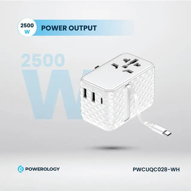 Powerology GaN 20W PD Universal Adapter Retractable Type-C Cable - White - بلاك حائط شحن دولي - 3 فتحات للشحن - 1 فتحات تايب سي + 2 فتحة يو اس بي - قوة 20 واط  مع كيبل تايب سي - كفالة 24 شهر