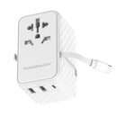 Powerology GaN 20W PD Universal Adapter Retractable Type-C Cable - White - بلاك حائط شحن دولي - 3 فتحات للشحن - 1 فتحات تايب سي + 2 فتحة يو اس بي - قوة 20 واط  مع كيبل تايب سي - كفالة 24 شهر