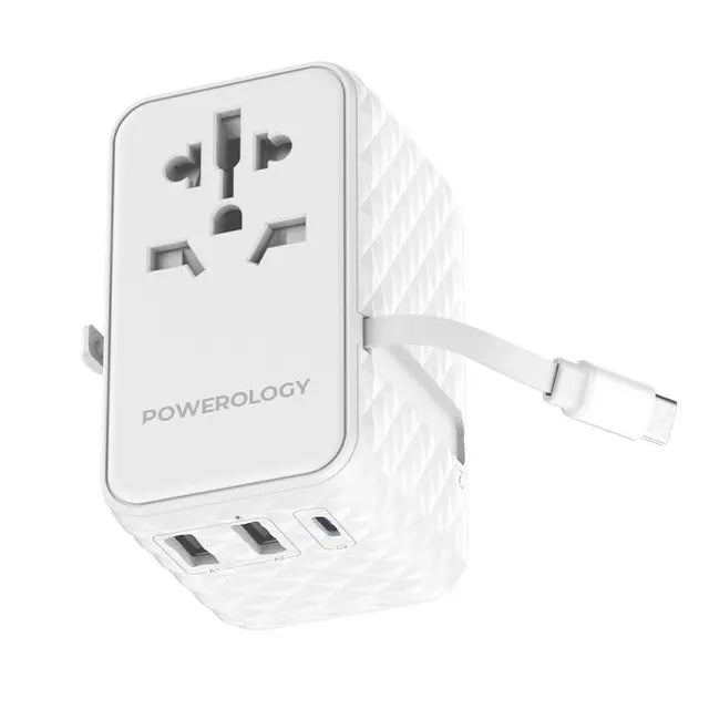 Powerology GaN 20W PD Universal Adapter Retractable Type-C Cable - White - بلاك حائط شحن دولي - 3 فتحات للشحن - 1 فتحات تايب سي + 2 فتحة يو اس بي - قوة 20 واط  مع كيبل تايب سي - كفالة 24 شهر