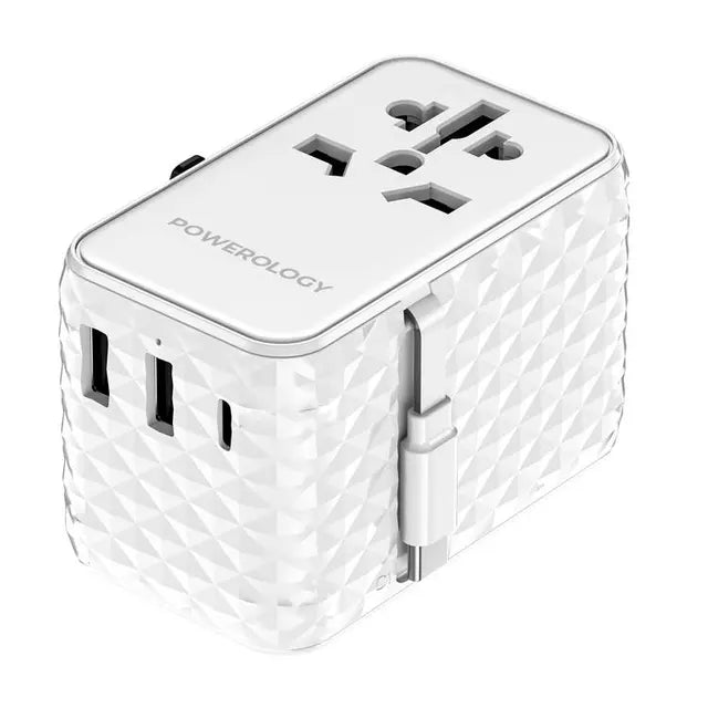 Powerology GaN 20W PD Universal Adapter Retractable Type-C Cable - White - بلاك حائط شحن دولي - 3 فتحات للشحن - 1 فتحات تايب سي + 2 فتحة يو اس بي - قوة 20 واط  مع كيبل تايب سي - كفالة 24 شهر