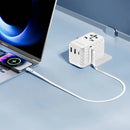 Powerology GaN 20W PD Universal Adapter Retractable Type-C Cable - White - بلاك حائط شحن دولي - 3 فتحات للشحن - 1 فتحات تايب سي + 2 فتحة يو اس بي - قوة 20 واط  مع كيبل تايب سي - كفالة 24 شهر