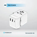 Powerology GaN 20W PD Universal Adapter Retractable Type-C Cable - White - بلاك حائط شحن دولي - 3 فتحات للشحن - 1 فتحات تايب سي + 2 فتحة يو اس بي - قوة 20 واط  مع كيبل تايب سي - كفالة 24 شهر