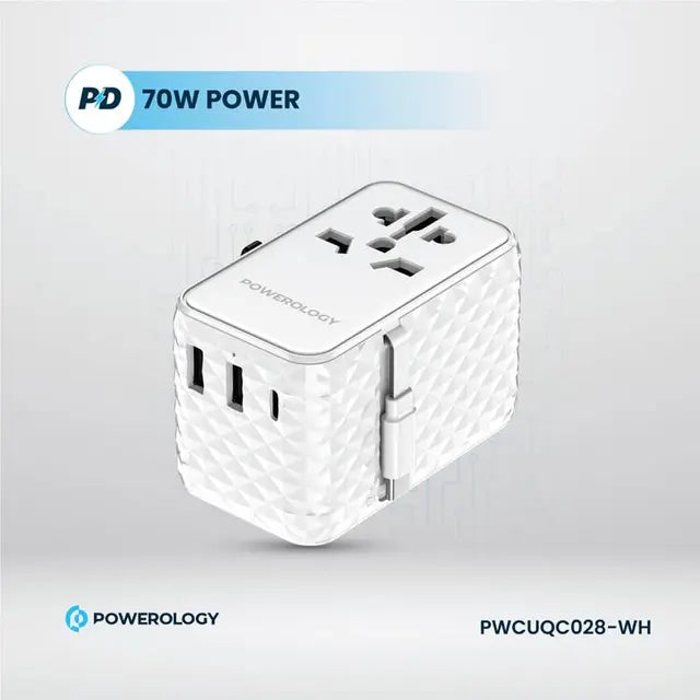 Powerology GaN 20W PD Universal Adapter Retractable Type-C Cable - White - بلاك حائط شحن دولي - 3 فتحات للشحن - 1 فتحات تايب سي + 2 فتحة يو اس بي - قوة 20 واط  مع كيبل تايب سي - كفالة 24 شهر