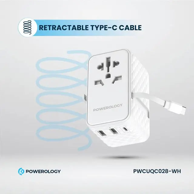 Powerology GaN 20W PD Universal Adapter Retractable Type-C Cable - White - بلاك حائط شحن دولي - 3 فتحات للشحن - 1 فتحات تايب سي + 2 فتحة يو اس بي - قوة 20 واط  مع كيبل تايب سي - كفالة 24 شهر