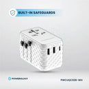 Powerology GaN 20W PD Universal Adapter Retractable Type-C Cable - White - بلاك حائط شحن دولي - 3 فتحات للشحن - 1 فتحات تايب سي + 2 فتحة يو اس بي - قوة 20 واط  مع كيبل تايب سي - كفالة 24 شهر