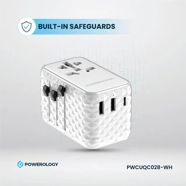 Powerology GaN 20W PD Universal Adapter Retractable Type-C Cable - White - بلاك حائط شحن دولي - 3 فتحات للشحن - 1 فتحات تايب سي + 2 فتحة يو اس بي - قوة 20 واط  مع كيبل تايب سي - كفالة 24 شهر