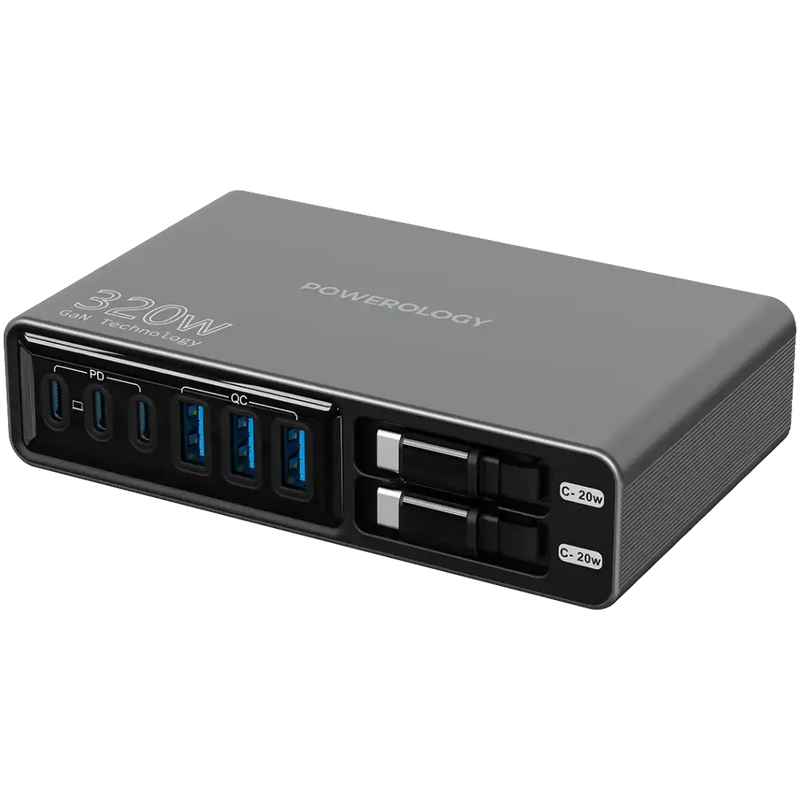 Powerology Univo Charging Station PD 100W - Black - موزع شاحن + 6 فتحات للشحن + 2 سلك شحن تايب سي - قوة 100 واط - طول 1.5 متر - كفالة 24 شهر