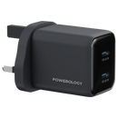 Powerology Volt-X 45W Dual-Port GaN Wall Charger Chargeur Mini GaN 45W With C to C Cable [O] - شاحن حائط تايب سي - سلك شحن تايب سي - 2 فتحتين تايب سي للشحن السريع - باورولوجي - قوة 45 واط - كفالة 12 شهر