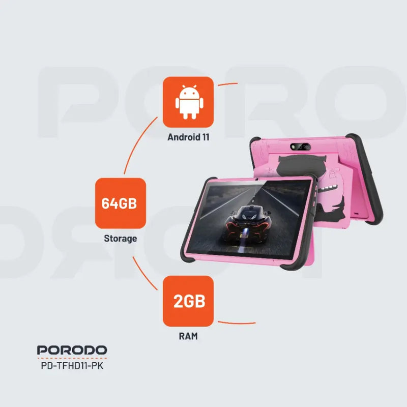 Porodo 10.1" Kids Android Tablet - Pink تابلت اطفال - يدعم 2 شريحتين اتصال + ميموري - برودو