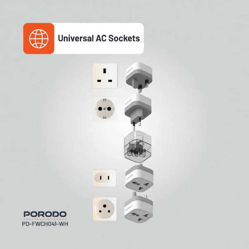 Porodo 150+ Countries Universal AC Adapters - White - محول حائط دولي - متعدد + فتحة كهرباء  مناسبه لجميع الدول - كفالة 12 شهر