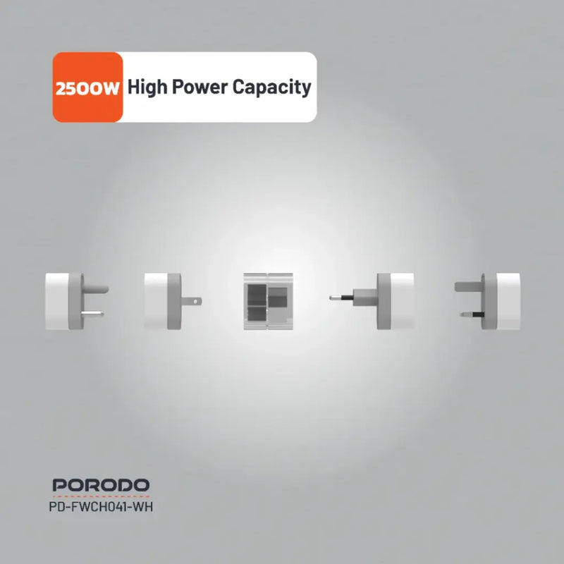 Porodo 150+ Countries Universal AC Adapters - White - محول حائط دولي - متعدد + فتحة كهرباء  مناسبه لجميع الدول - كفالة 12 شهر