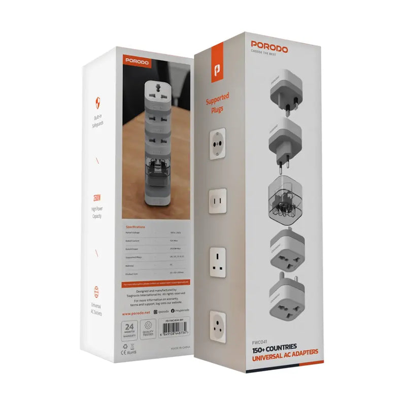 Porodo 150+ Countries Universal AC Adapters - White - محول حائط دولي - متعدد + فتحة كهرباء  مناسبه لجميع الدول - كفالة 12 شهر