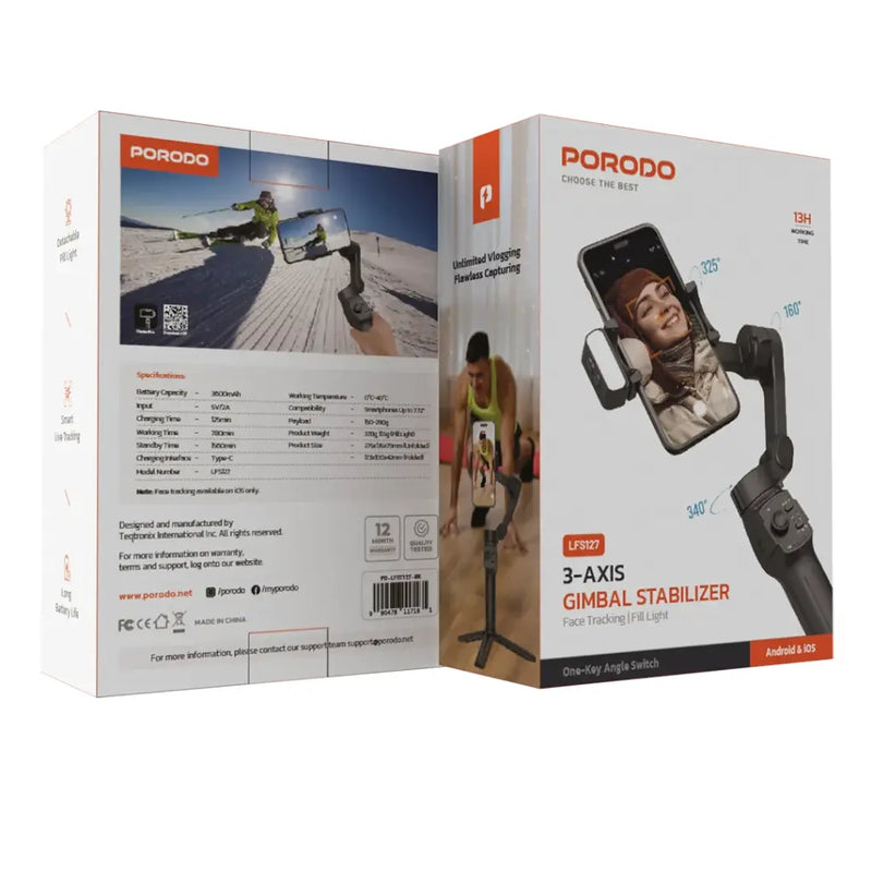 Porodo 3-Axis Gimbal Stabilizer Magnetic Fill Light - Black [O] - ستاند تصوير - عصا سيلفي - مقاوم للهتزاز - ريموت للتحكم - ثبات عالي