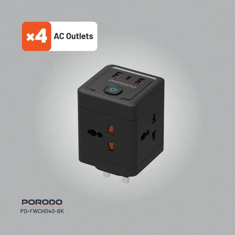 Porodo 4 AC Universal Power Block - Black  - بلاك حائط شحن - بورودو - 1 منفذ تايب سي - 1 منفذ تايب سي - 4 منافذ كهرباء - قوة 20 واط - كفالة 24 شهر